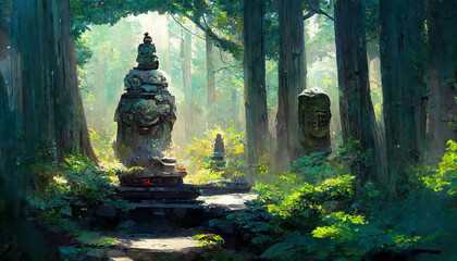 Japanese shrine in the forest stone Buddha statue illustration Generative AI Content by Midjourney