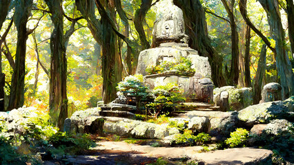 Fototapeta na wymiar Japanese shrine in the forest stone Buddha statue illustration Generative AI Content by Midjourney