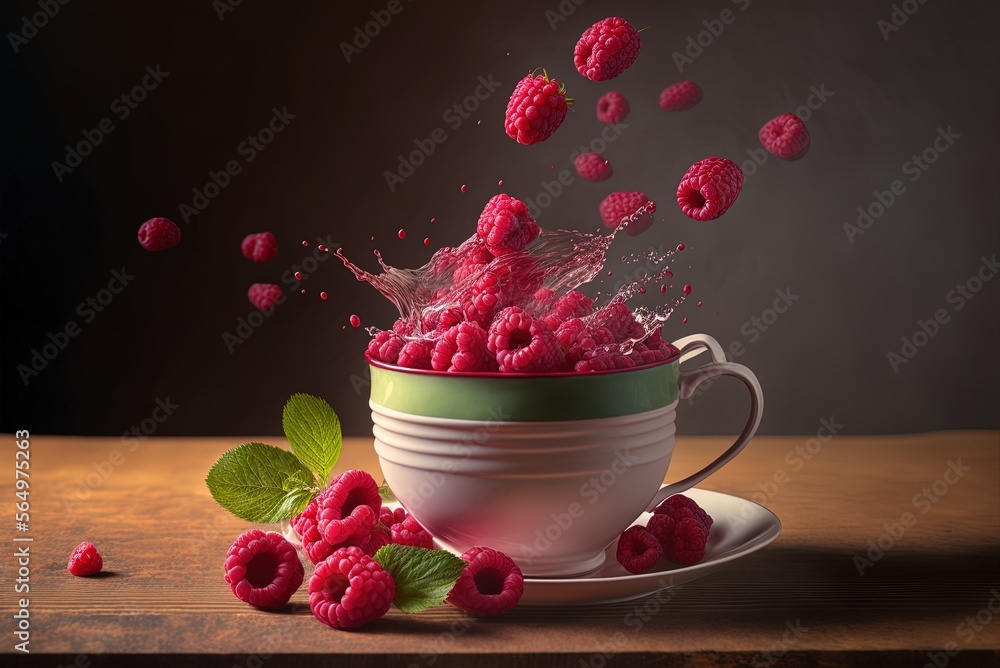 Poster A cluster of red raspberries rolls into a ramekin in this close-up. Generative AI