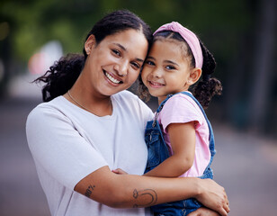 Portrait, mother and kid hug in park, fun day outdoor with love and care, happy people together in...