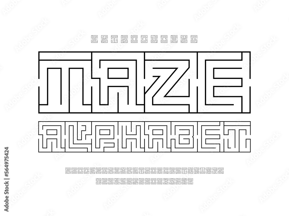 Poster vector of modern abstract maze style alphabet design with uppercase, numbers and symbols