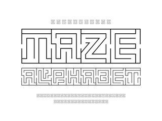 Vector of modern abstract maze style alphabet design with uppercase, numbers and symbols