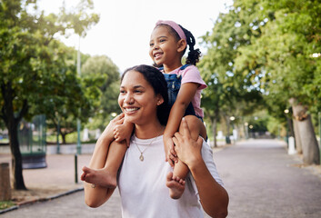 Back, mother with girl and on neck, happiness, summer break and walking in park for bonding, weekend or quality time for fun. Mom, mama carry female child or playful together, smile or loving outdoor