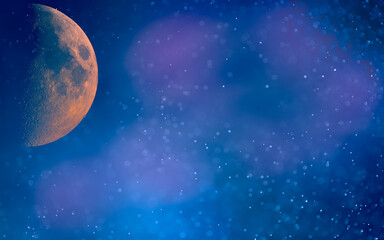 Illustrated pinky orange of  The moon on atmosphere background.	Art image and wallpaper background.