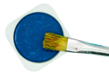 Paintbrush and can of blue paint on a transparent background.