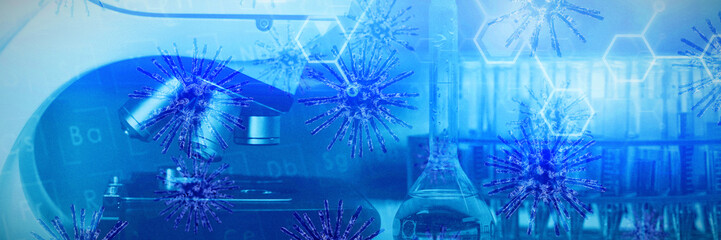 Composite image of digital image of blue coronavirus. Testing for Coronavirus pandemic