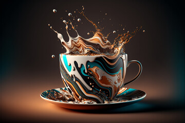 A cappuccino cup of liquid chocolate with milk, splashes of milk and chocolate in dynamic composition, aromatic coffee splashing in a wavy multicolored designer coffee cup, generative ai.