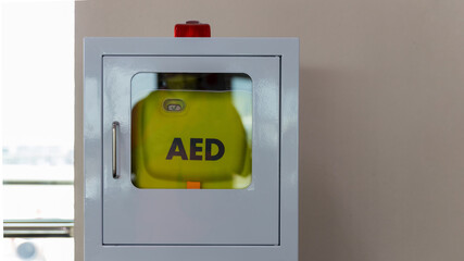 First aid box cardiopulmonary resuscitation using automated external defibrillator device, AED....