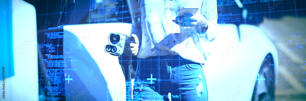 Poster composite image of blue matrix and codes