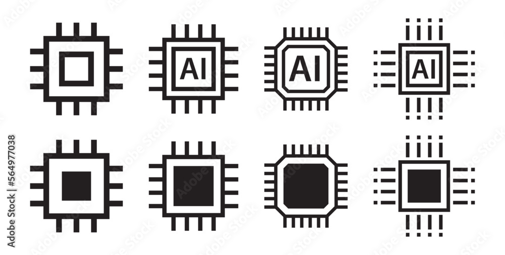 Poster Computer circuit chip icon design vector bundle collection. Artificial intelligence smart mind network symbol illustration.	