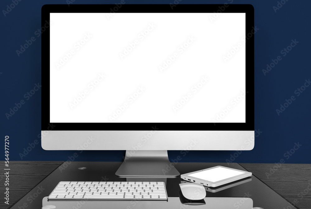 Poster modern computer on the table on white background. green white display
