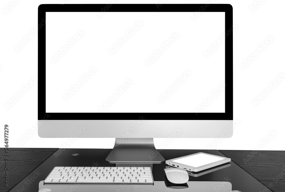 Poster modern computer on the table on white background. green white display
