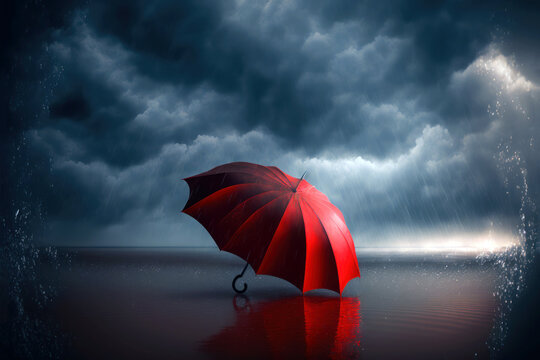 Red umbrella on calm ocean water, in the storm. Heavy rain, dark cloudscape. Generative AI