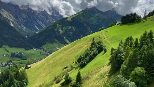 Beautiful summery meadow in the near of Neustift in Stubai Valley Austria, with the peak of the Elfer Mountain in the background