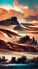 sand dunes desert Grass and big cactus of lagoon illustration Generative AI Content by Midjourney