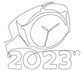 One continuous line of a wristwatch and number 2023. Thin Line Illustration vector concept. Contour Drawing Creative ideas.
