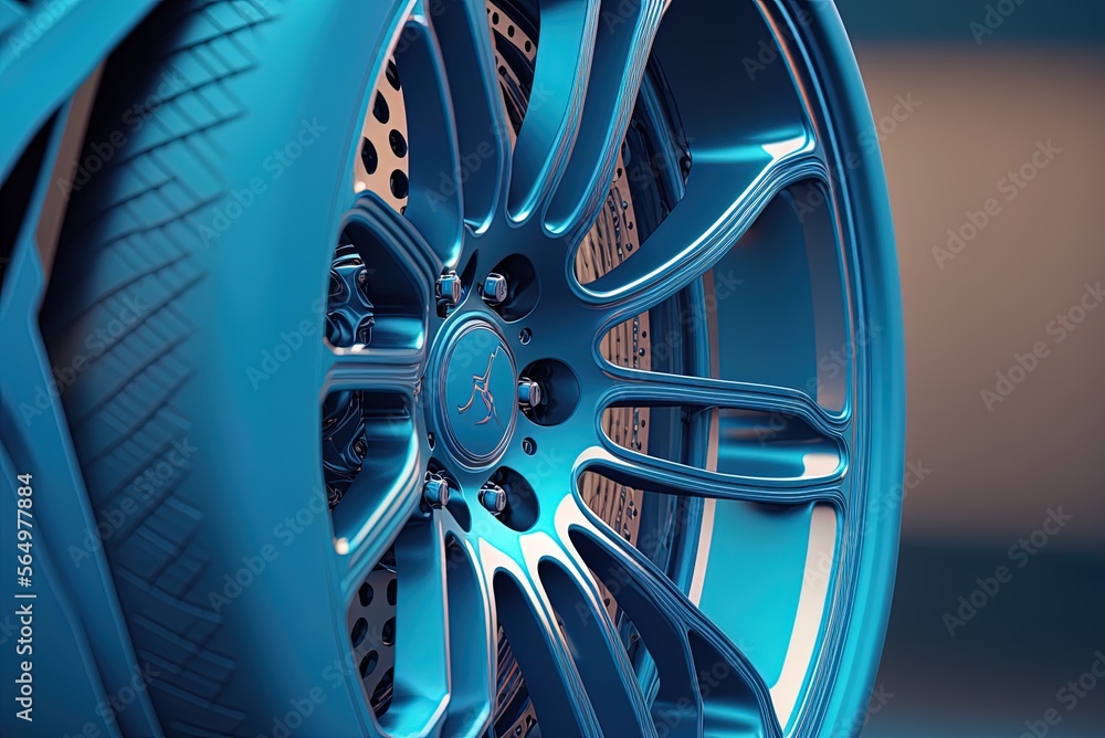 Aufkleber blue backdrop, close-up of automobile rim with depth of field effect. generative ai