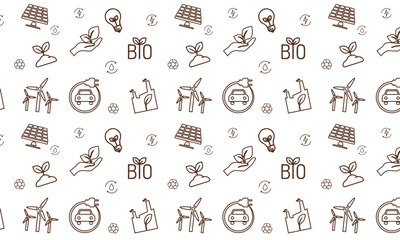 Ecology seamless pattern with thin line icons for environmental, recycling, renewable energy, nature. Vector illustration for background.
