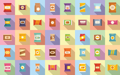 Snack pack icons set flat vector. Candy bag. Biscuit package
