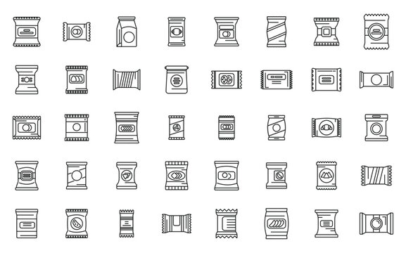 Snack pack icons set outline vector. Candy bag. Biscuit package