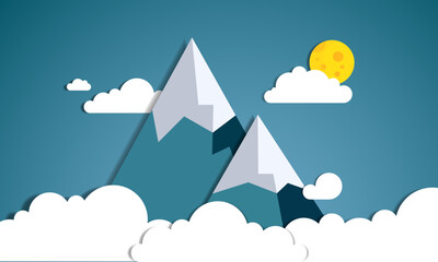 illustration of nature night landscape and concept of business, sky with cloud and mountain design by paper art and digital craft style
