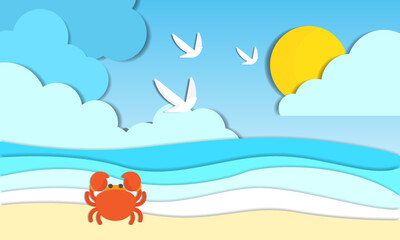 hello summer with beach landscape background and crab. paper art style. vector Illustration.