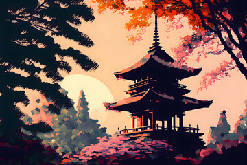 Obraz premium Abstract Oil Painting Japanese Shrine Generative AI