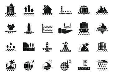 Sea level rise icons set simple vector. Water level. Nature disaster