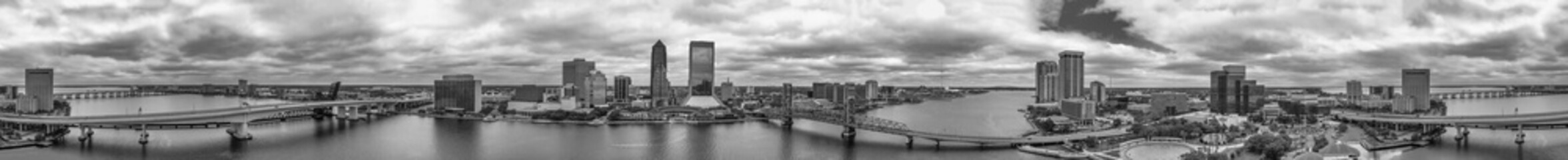 Panoramic aerial view of Jacksonville skyline from drone at sunset, Florida