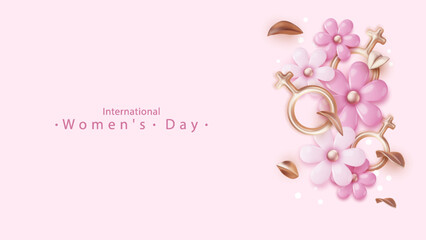 Fototapeta na wymiar International Women's Day poster with Female sign 3d and composition of spring pink flowers