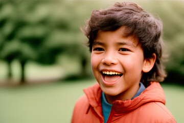 Close-up portrait of happy Latino boy outdoors