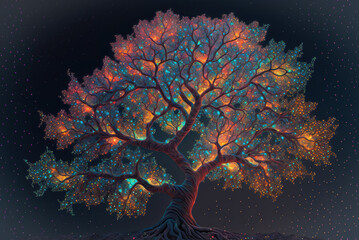 Glowing abstract tree illustration,tree in the night,tree in night sky