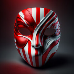 Red and white mask on a black background - Generative AI