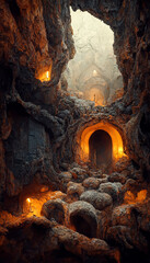 Fototapeta na wymiar Underground cave dungeon made of stone fire around illustration Generative AI Content by Midjourney