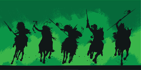 Silhouette of a horse indian warriors. American native steppe cavalry. Soldiers attack. Vector illustration. Isolated. 