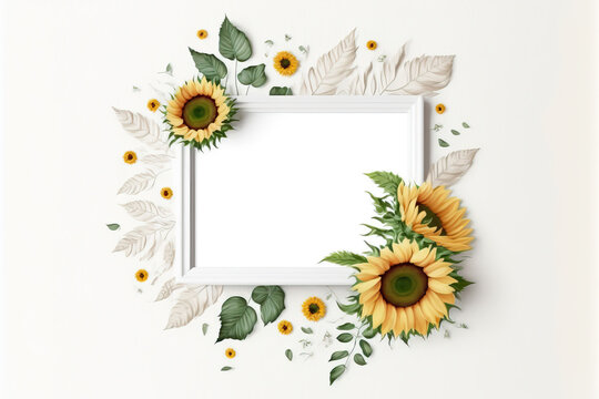 close-up of a white frame with sunflowers, ai generated
