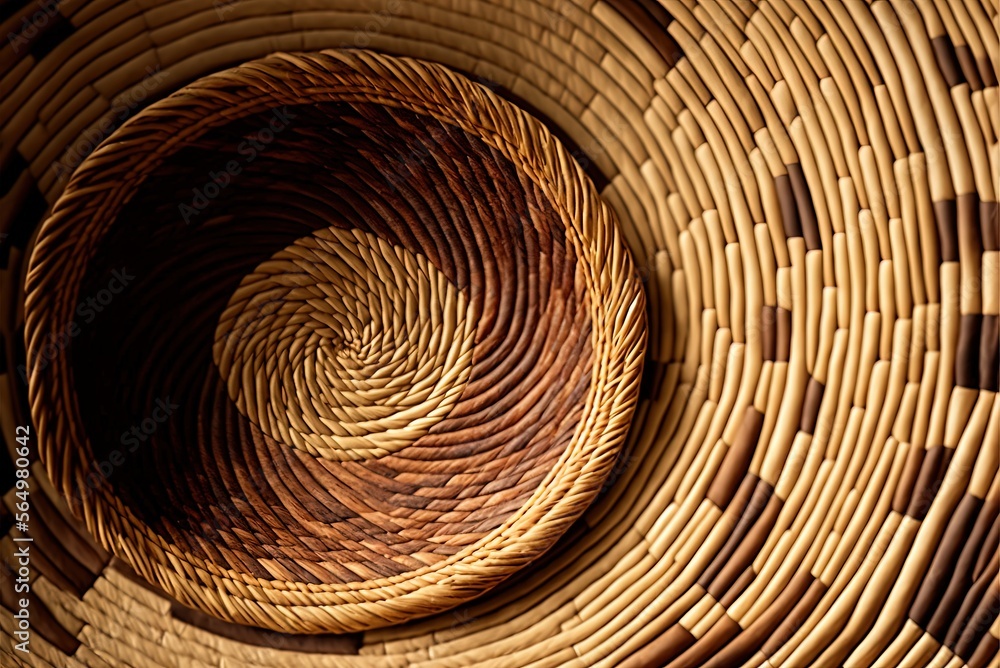 Poster abstract natural texture backdrop with a spiraling circle and wicker seagrass basket. generative ai
