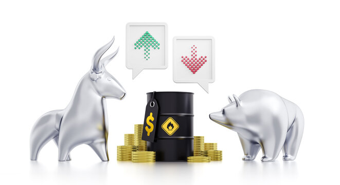 Bullish And Bearish Trends of Oil Trading. An oil barrel in surrounding of coin stacks are in between the figurines of a bull and a bear are perform of market trends by arrows. 3D rendering graphics.