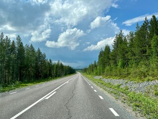 Fototapeta premium Driving empty asphalt road, fields and forest, empty highway, cloudy sky 