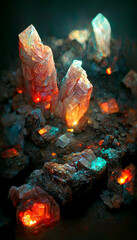 crystal cave dwarves mining glowing gemstone veins with lasers illustration Generative AI Content by Midjourney