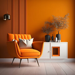 Cozy modern living room interior with Orange armchair and decoration room on a Orange or white wall background
