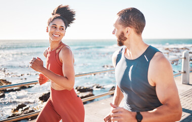Running, fitness and exercise with a sports couple outdoor in summer for cardio or endurance by the...