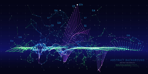 Big Data. Abstract background contain wireframe graph in chaotic tangle data on dark. Technology polygonal concept in virtual space.  Banner for business, science and technology data.