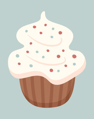 Isolated vector illustration of cupcake with cream frosting and colored sprinkles. For decorating Christmas, birthday, Valentine's Day gift wrap, icons, stickers.