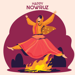 Fototapeta na wymiar Attraction Illustration Iranian Woman Jumping from Fire for Happy Nowruz Celebration