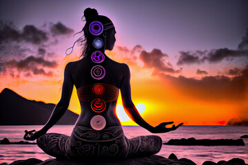 Sound healing therapy and Yoga meditation ,. A tranquil essence for mental health, stress relief, and inner peace.  generative AI  - obrazy, fototapety, plakaty