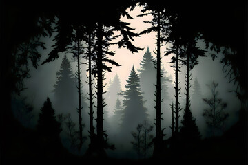 Fototapeta na wymiar Forest silhouette in fog Generative AI