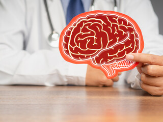 Doctor in a uniform holding a brain symbol made from red paper while sitting at the table