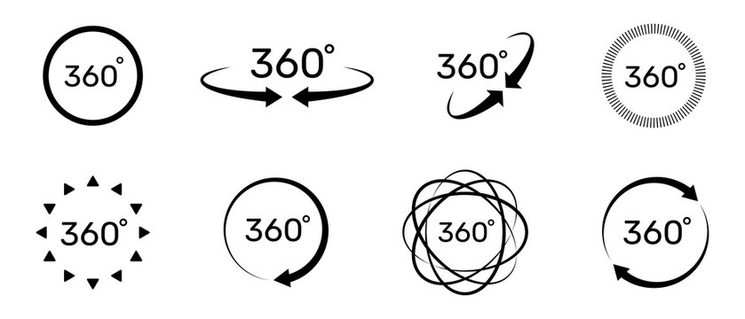 360 degree icon set. Symbol with arrow to indicate the rotation, virtual reality or panoramas to 360 degrees