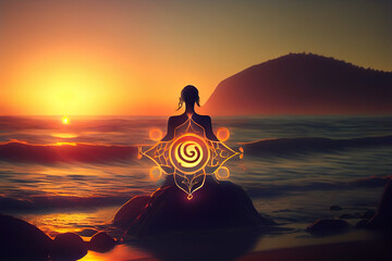 Sound healing therapy and yoga meditation , uses aspects of music to improve health and well being. can help your meditation and relaxation generative ai       - obrazy, fototapety, plakaty
